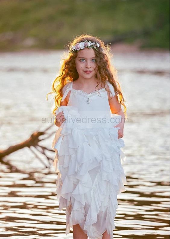 Ivory Boho Beach Chiffon Ruffled Flower Girl Dress